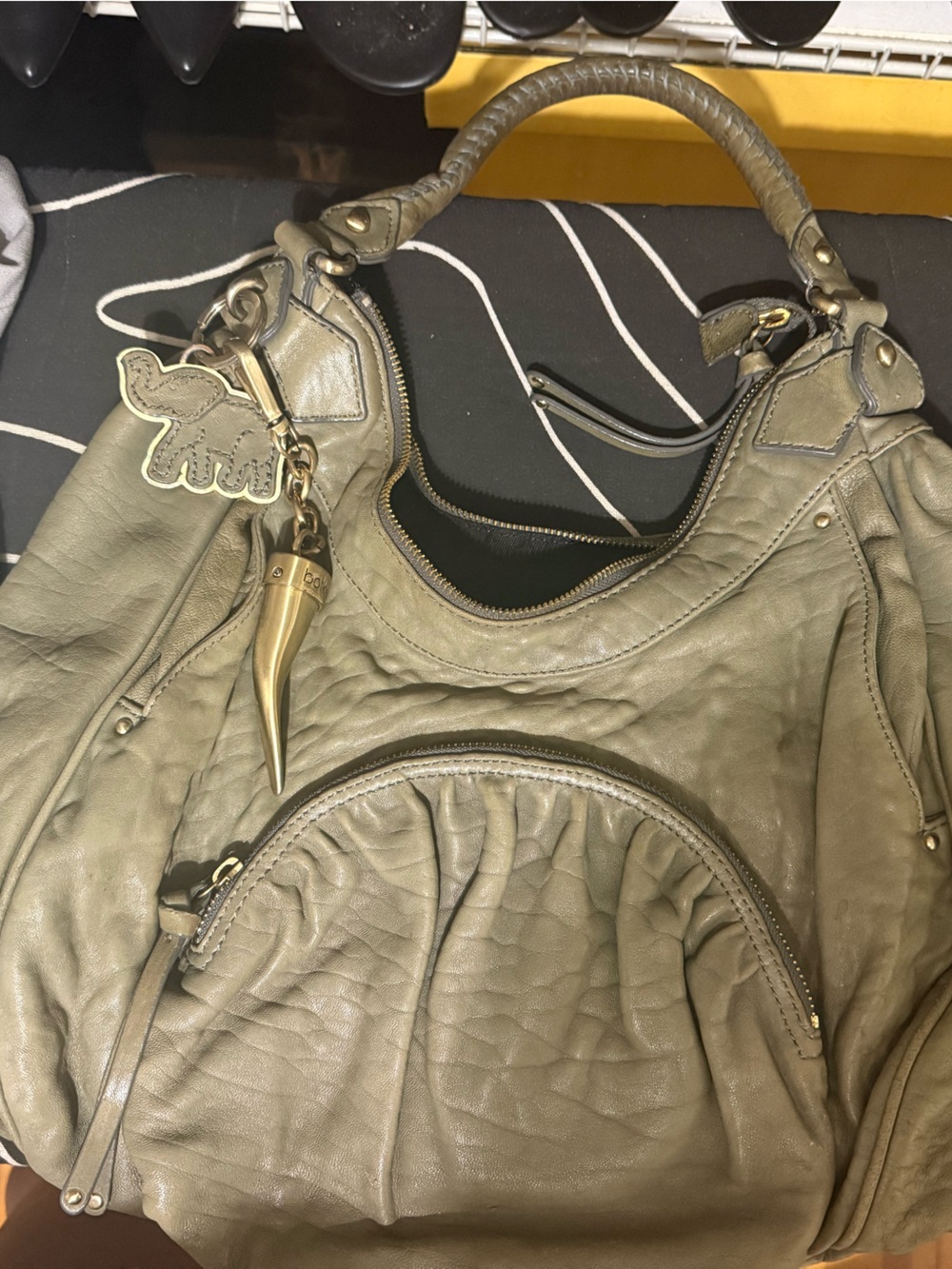 Botkier Olive Green Leather Hobo Shoulder Bag with Charm